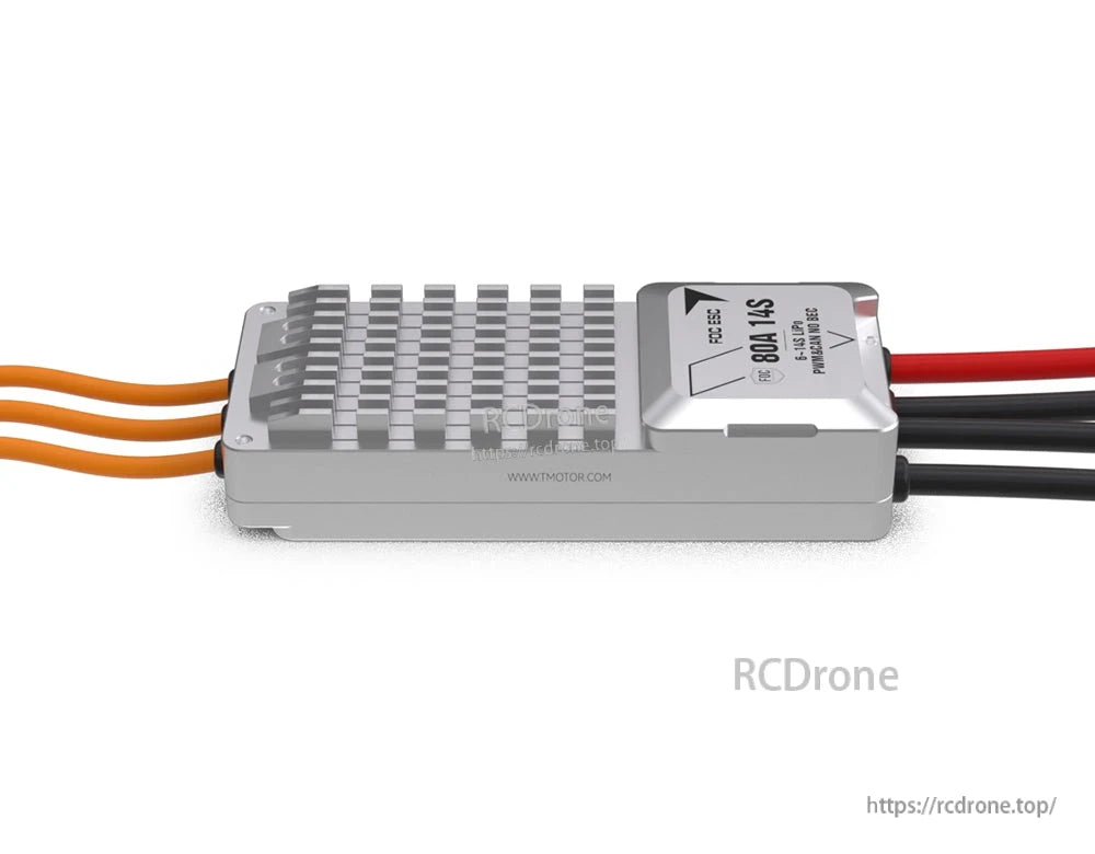 T-Motor V80A 14S UAV FOC ESC with finned aluminum heatsink housing and attached power and motor wires