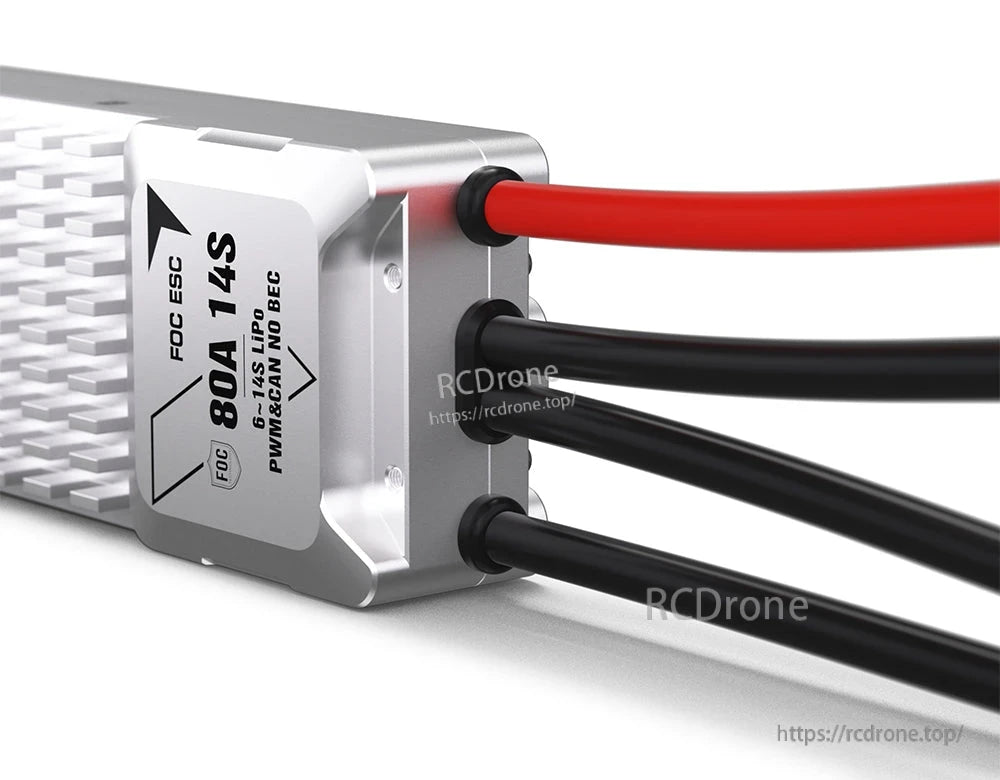 T-Motor V80A 14S UAV FOC ESC, T-Motor V80A 14S FOC UAV ESC with aluminum heatsink, 80A label and heavy-gauge red and black power leads