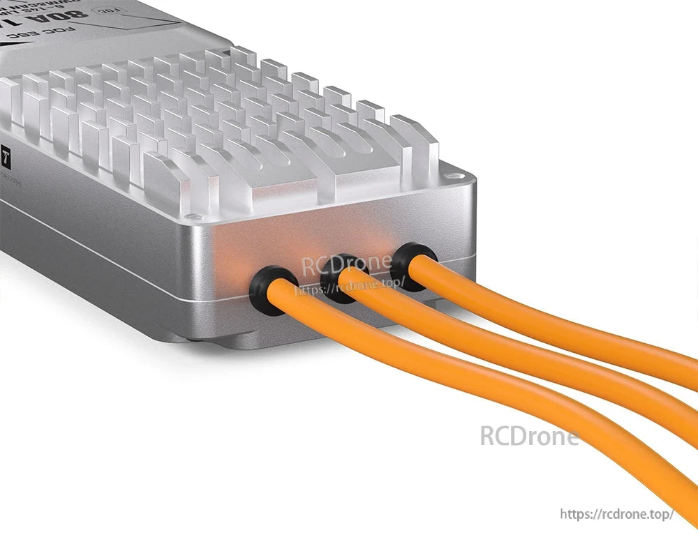 T-Motor V80A 14S UAV FOC ESC with aluminum heatsink fins and three orange motor phase wires exiting the case