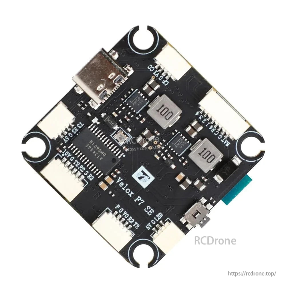T-Motor VELOX F7 SE F7 flight controller board with USB-C port, plug-in connectors, and mounting holes