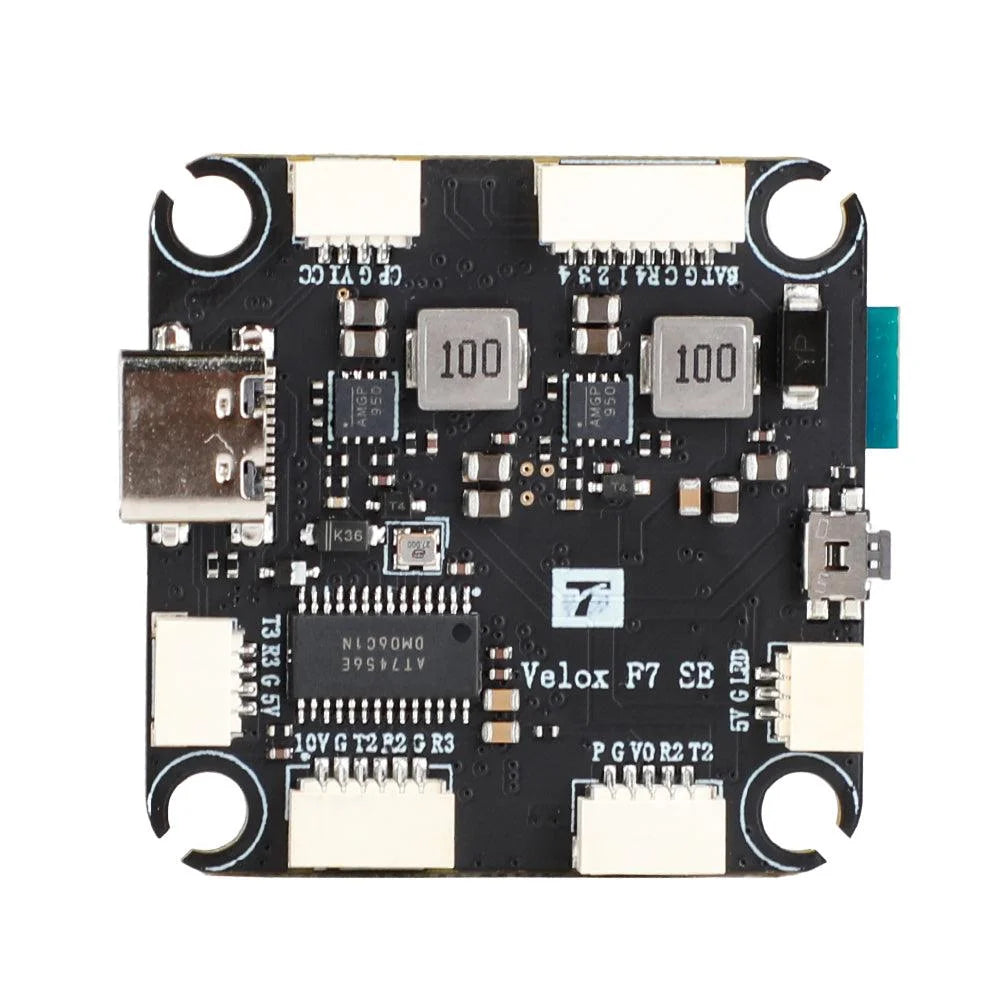 T-Motor Velox F7 SE flight controller board with USB-C port, multiple JST connectors, and four mounting holes