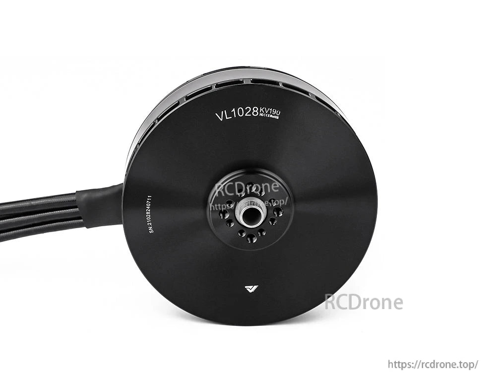 T-Motor VL1028 KV190 brushless drone motor, rear view with center mount holes and three power wires