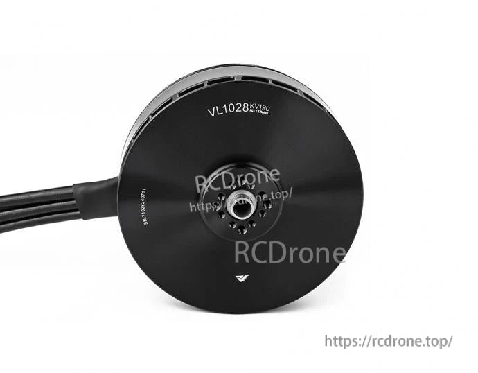T-Motor VL1028 KV190 brushless drone motor in black, side view with integrated power wires and front shaft