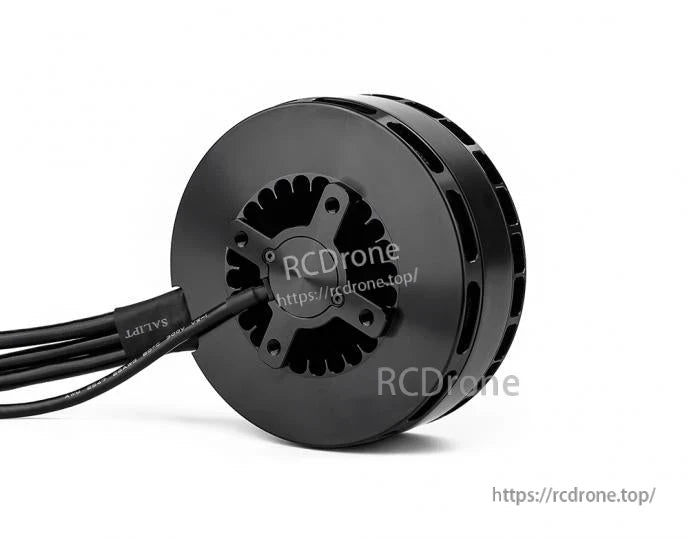 Black T-Motor brushless drone motor with round housing, rear mounting plate, and three lead wires