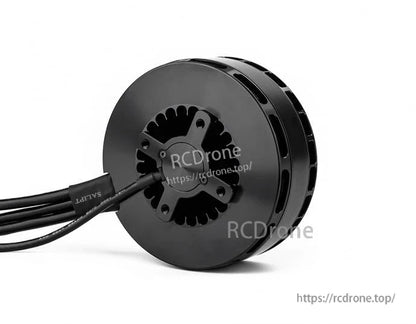 Black T-Motor brushless drone motor with round housing, rear mounting plate, and three lead wires