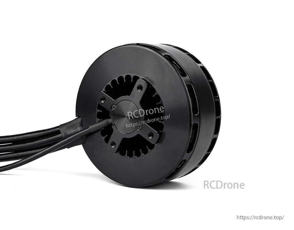 Black T-Motor brushless drone motor with round vented housing, central mounting plate, and attached wire leads