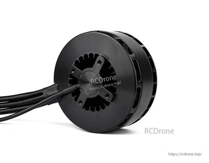 Black T-Motor brushless drone motor with round vented housing, central mounting plate, and attached wire leads