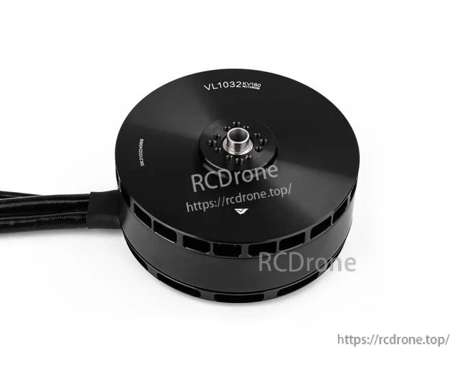 T-Motor V1032 KV180 brushless drone motor, black round housing with center shaft and attached cable lead
