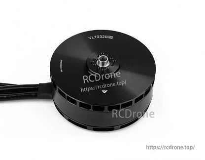 T-Motor V1032 KV180 brushless drone motor, black round housing with center shaft and attached cable lead