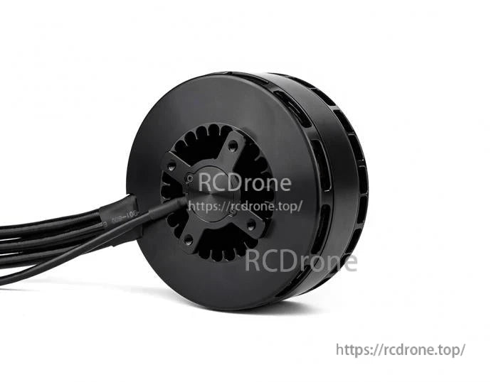 Black T-Motor brushless drone motor with rear mounting plate and three motor wires on white background