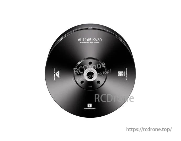 Top view of T-Motor VL1165 KV60 brushless drone motor with black housing and center mounting holes