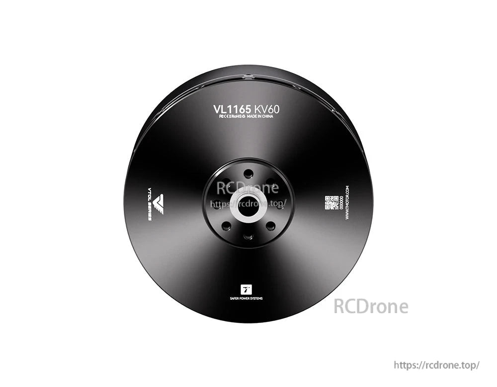 Top view of T-Motor VL1165 KV60 black drone motor bell with central mounting holes and printed QR code