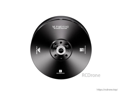 Top view of T-Motor VL1165 KV60 black drone motor bell with central mounting holes and printed QR code