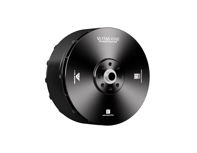 T-Motor VL1165 KV60 brushless motor top view with central shaft bore, mounting holes, and QR label