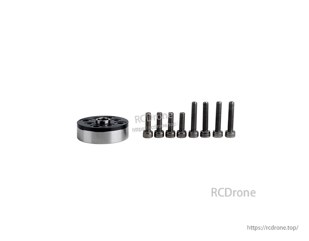T-Motor metal mounting plate with circular hole pattern and a set of socket-head screws in different lengths