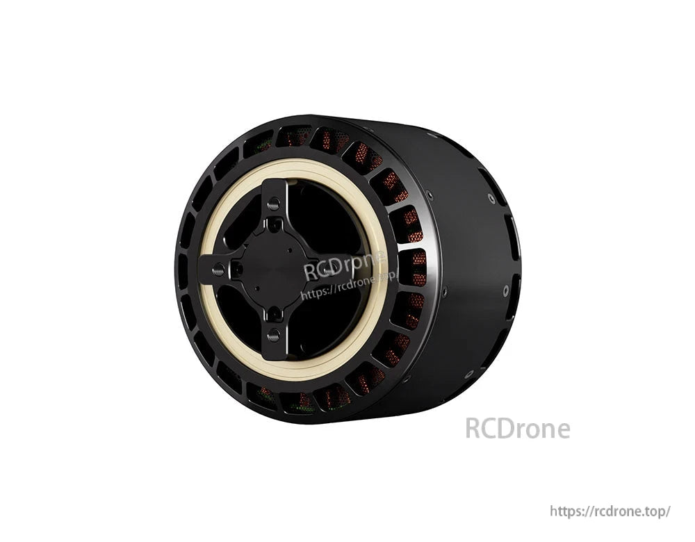 T-Motor brushless outrunner motor with black housing, visible copper windings, and front mounting plate