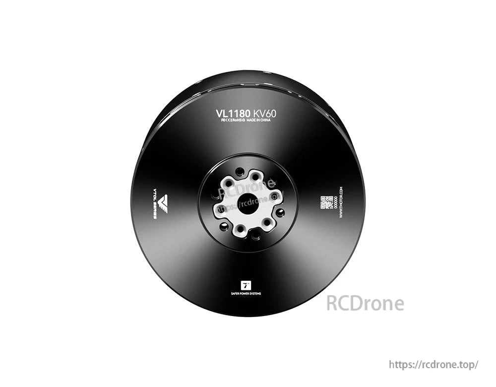 Top view of T-Motor VL1180 KV60 black drone motor with central mounting hub and bolt pattern