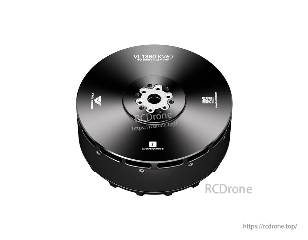 T-Motor VL1380 KV60 brushless motor top view with black round housing, central mounting hub, and printed markings