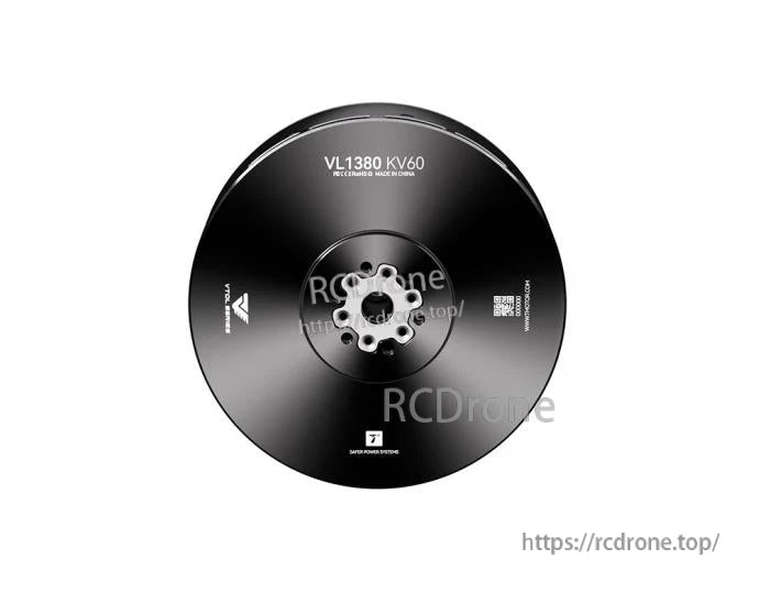 Top view of T-Motor VL1380 KV60 brushless motor with central mounting pattern and QR code on black housing