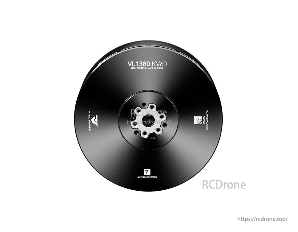 T-Motor VL1380 KV60 drone motor, black round housing with central mounting hub and printed model markings