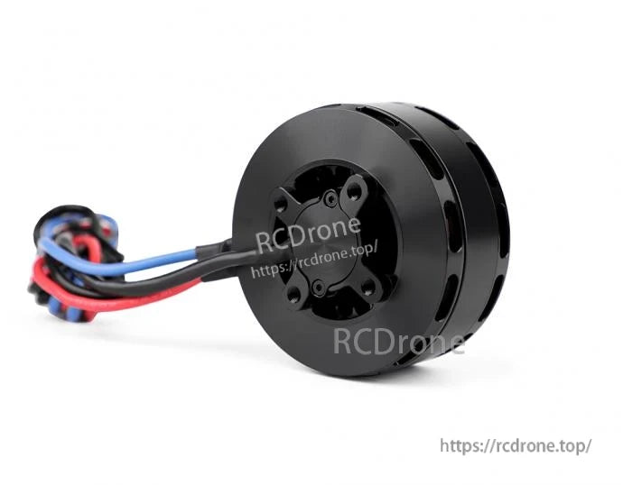 T-Motor brushless drone motor with black housing and prewired red, blue, and black leads with bullet connectors