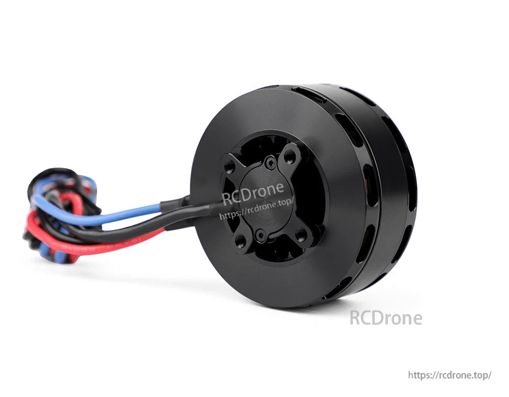 Black T-Motor brushless drone motor with mounting plate and red, blue, and black wires on white background