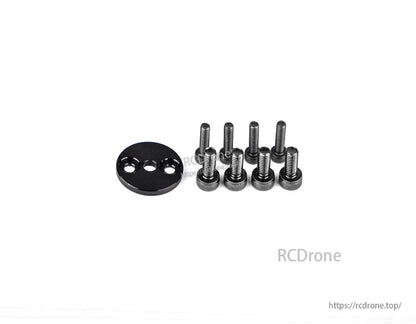 T-Motor black round mounting plate with three holes and eight metal screws for drone motor installation