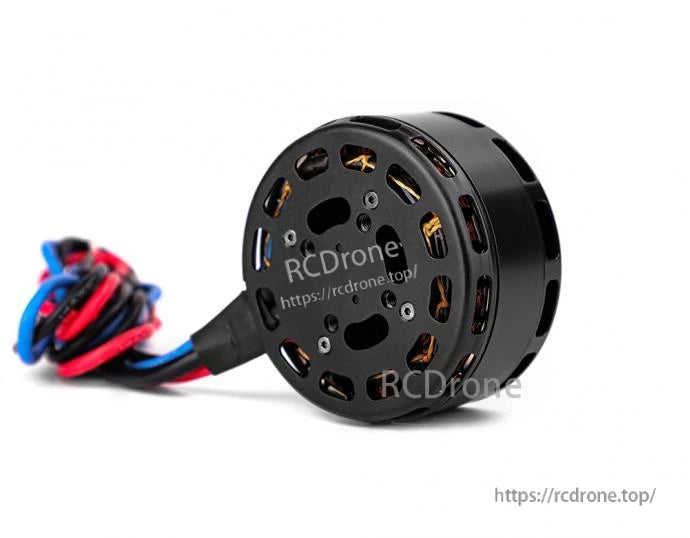 T-Motor brushless drone motor with black metal housing, vented endbell, and red/blue/black lead wires