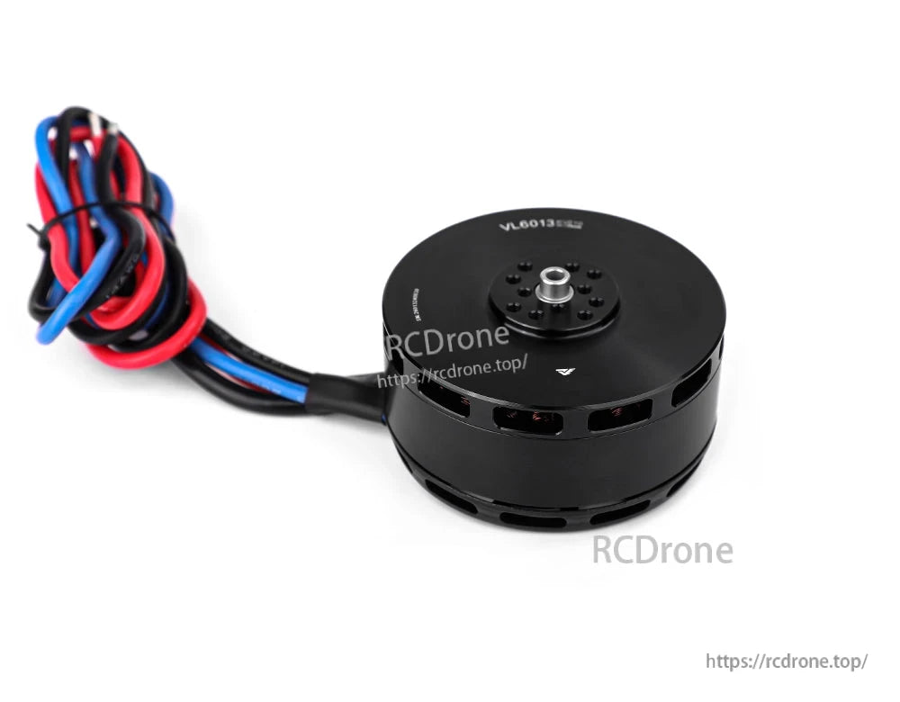 Black T-Motor brushless drone motor with top-mount prop adapter and red, blue, and black power leads