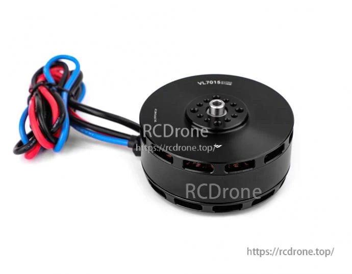 T-Motor VL7015 UAV brushless motor with top mounting plate, central shaft, and red/blue/black leads