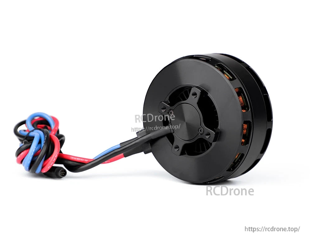 T-Motor black brushless motor with round housing, rear mounting plate, and red/blue/black lead wires