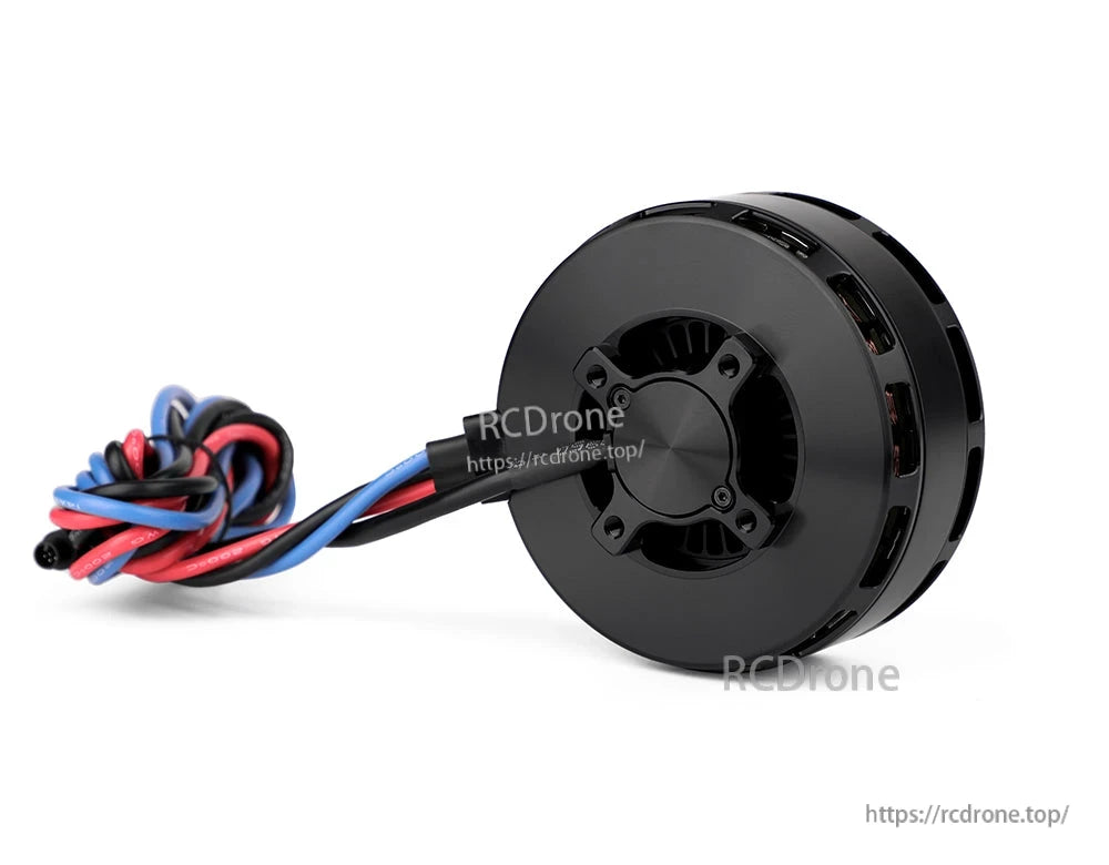 Black T-Motor brushless motor with round housing and red, blue, and black power leads