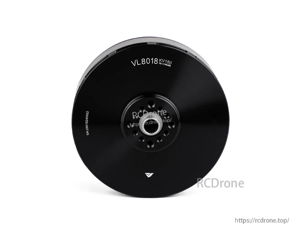 Top view of T-Motor VL8018 KV180 brushless drone motor with black housing and central mounting/shaft opening