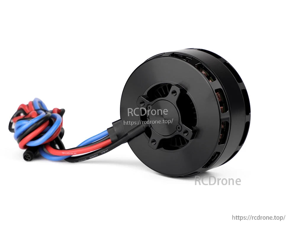 Black T-Motor brushless drone motor with round housing, mounting plate, and red-blue-black wires