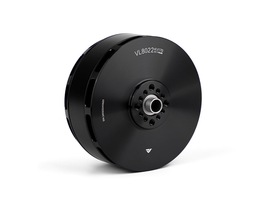 T-Motor VL8022 KV170 black brushless motor with round housing, vent slots, and central mounting hub