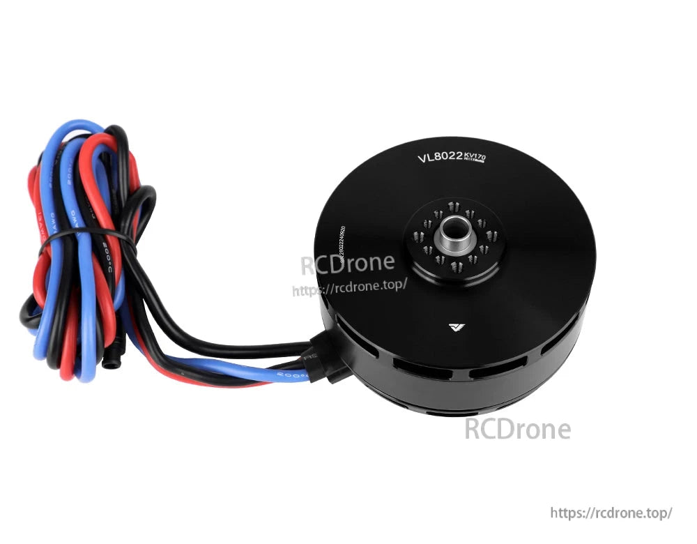 T-Motor VL8022 KV170 brushless motor with black housing, central shaft mount, and red/blue/black lead wires