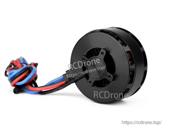 Black T-Motor brushless drone motor with red, blue, and black power wires attached