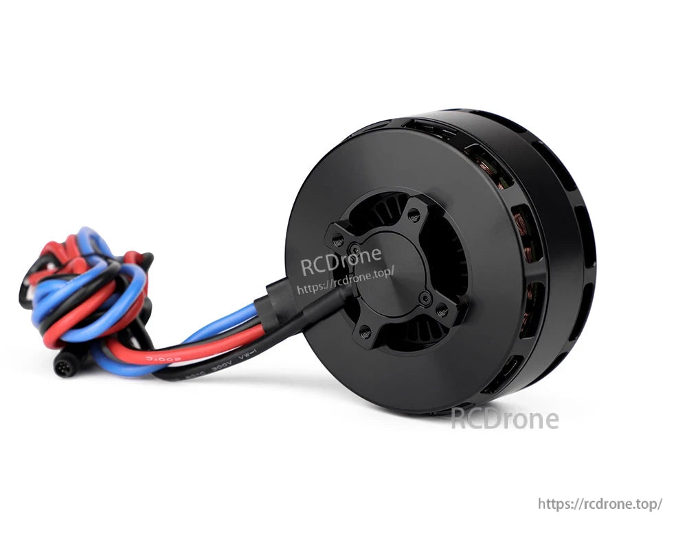 Black T-Motor brushless outrunner motor with pre-attached red, blue, and black wires on a white background