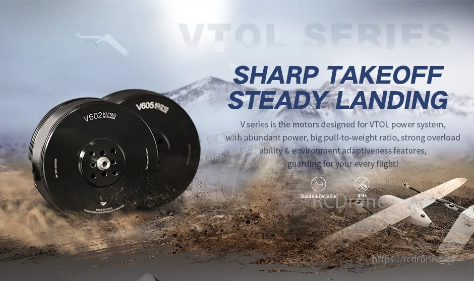 T-Motor VTOL Series brushless motor (V602/V605) with black housing and front mounting plate, IP45 marked