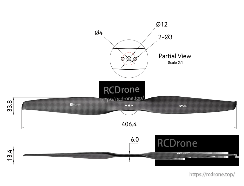 T-Motor VZ16x6.5 16in Propeller, T-Motor VZ16x6.5 16-inch carbon fiber two-blade propeller, top view with side profile and center mounting holes