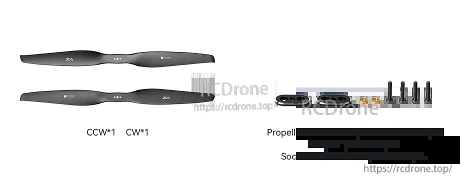 T-Motor VZ16x6.5 16in Propeller, T-Motor VZ16x6.5 16-inch drone propeller set with CW and CCW blades, cover plates, adapters, and M3 screws