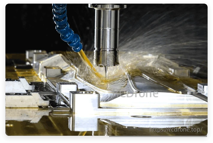 T-Motor VZ18x7 18in PMI Carbon VTOL Propeller, CNC milling machine cutting a metal part with coolant spray during precision machining