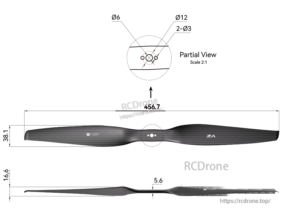 T-Motor VZ18x7 18in PMI Carbon VTOL Propeller, T-Motor VZ18x7 18in carbon fiber VTOL propeller drawing with 456.7 mm span and Ø12/Ø6 hub holes