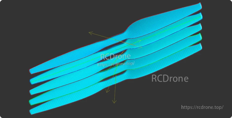 T-Motor VZ20x8.2 20in VTOL Propeller, T-Motor VZ20x8.2 20-inch VTOL propeller blade profile with airflow direction arrows on a dark background