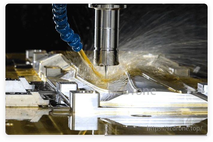 T-Motor VZ20x8.2 20in VTOL Propeller, CNC milling machine cutting an aluminum part with coolant spray during precision machining