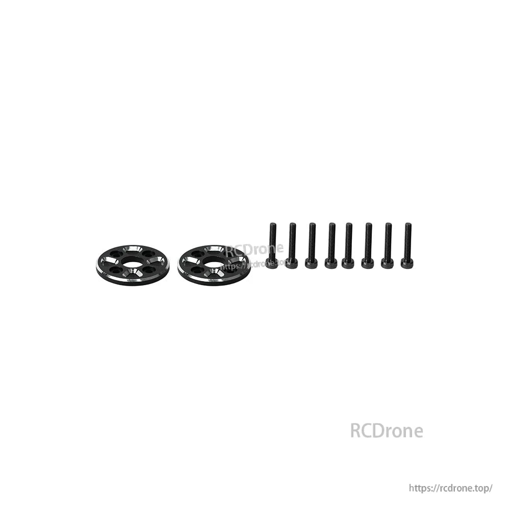 Flange-mount propeller hardware set with two black hub flanges and eight mounting bolts for UAV props