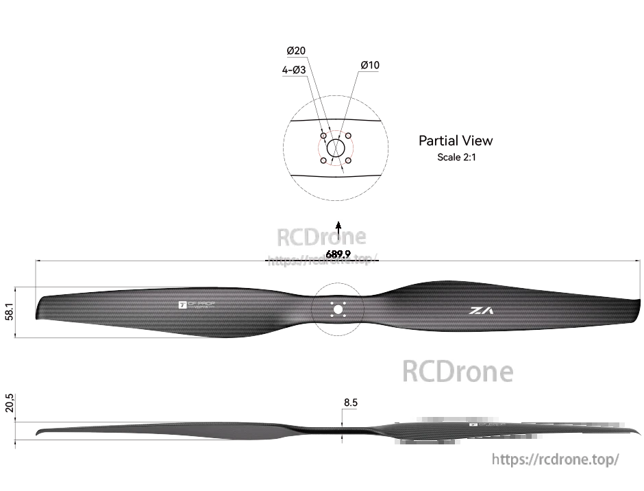 Technical drawing of T-Motor VZ27x11 27x11 matte carbon fiber propeller with Ø10 flange mount and 4×Ø3 holes