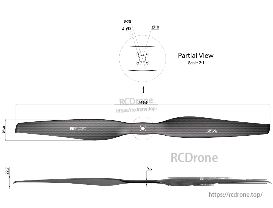 T-Motor VZ30x10.5 30-inch carbon fiber VTOL propeller with flange mount hub and Ø10/Ø20 bolt pattern drawing