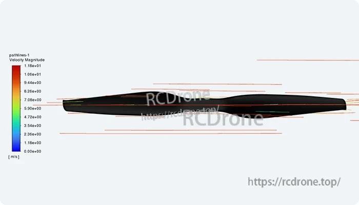 Side profile of T-Motor VZ30x10.5 matte carbon fiber VTOL propeller blade with airflow streamlines and velocity scale