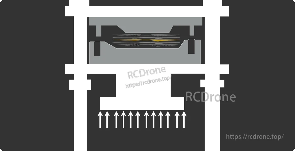 Cross-section diagram of a carbon fiber VTOL propeller hub and blade profile with upward airflow arrows